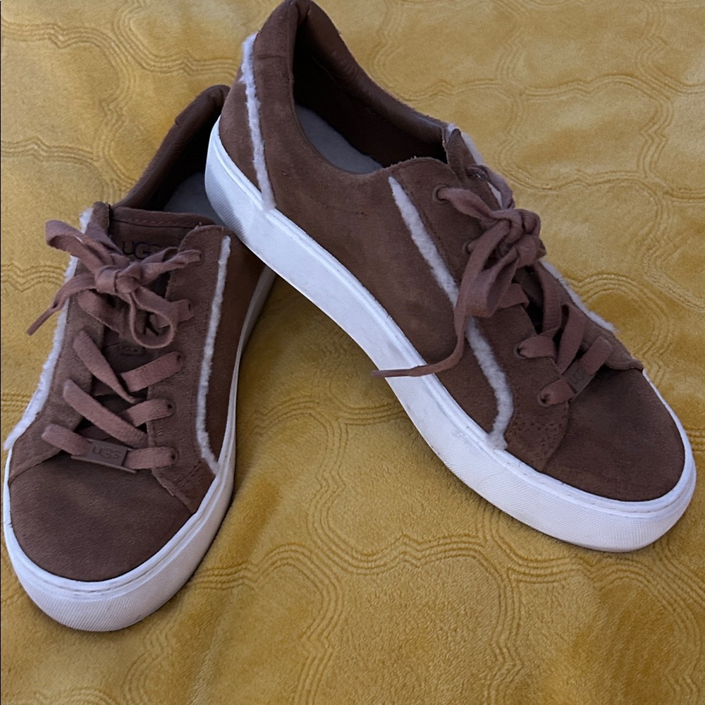 UGG Tan Suede Sneakers with Cream Trim - Picture 4 of 7